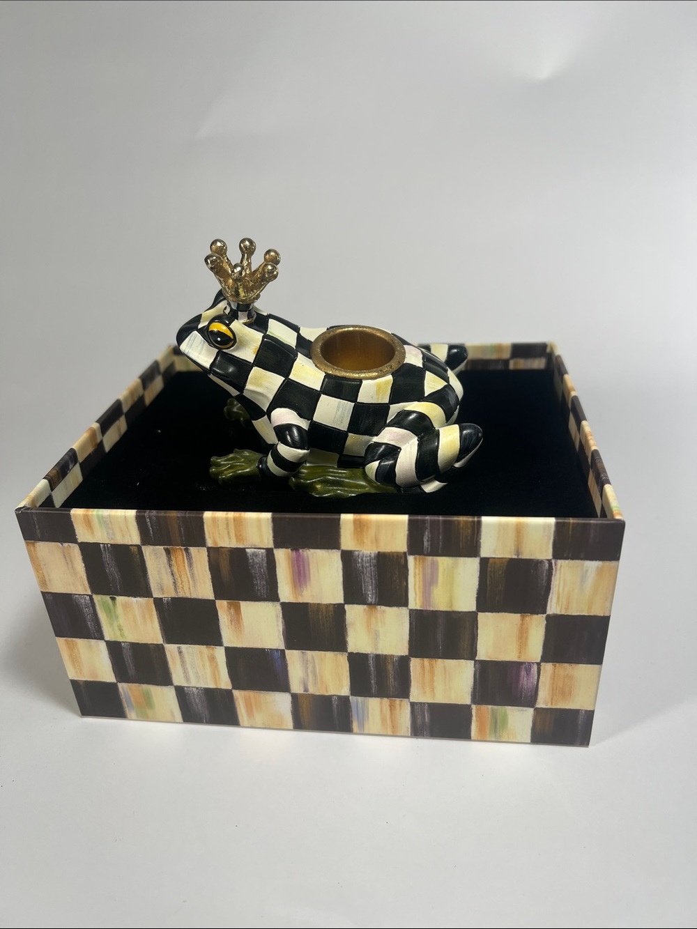 MacKenzie-Childs Black and Cream Checkered Frog Tea Light Holder with Gold Crown
